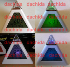 Ceas piramida led multicolor cu alarma, termometru, data si calendar foto