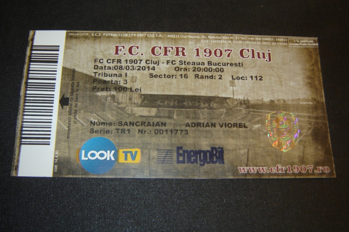 Bilet Fotbal meci CFR 1907 CLUJ - FC STEAUA BUCURESTI neindoit 08.03.2014