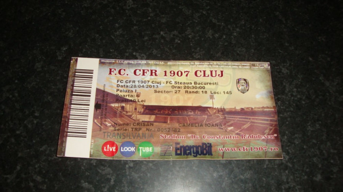 Bilet meci fotbal - CFR Cluj - Steaua - 28. 04. 2013