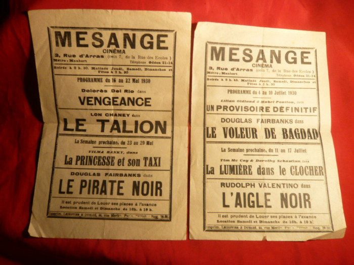 2 Programe Cinema Mesange 1930 cu Rudolf Valentino , Lon Chaney, s.a.