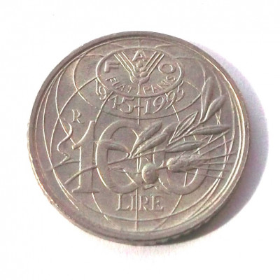 ITALIA 100 LIRE 1995 FAO, 4.50 g., Copper-Nickel, 22 mm, AUNC / UNC ** foto