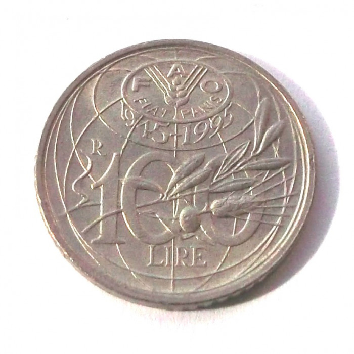 ITALIA 100 LIRE 1995 FAO, 4.50 g., Copper-Nickel, 22 mm, AUNC / UNC **