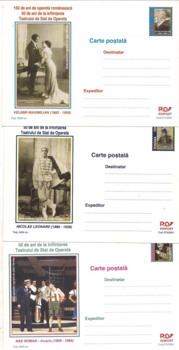 #carte postala-Editia de lux -150 de ani de opereta romaneasca-serie de 5 C.P