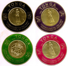 1963-1964 Tonga timbre airmail pe foita aur, embos serie 4v. circulare 80mm foto