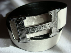 Curea Hermes H alb - negru cu catarama argintiu lucios model 3 foto