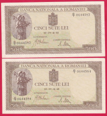 ROMANIA 2 X 500 lei 2 aprilie 1941- serii consecutive - filigran BNR vertical AUNC!!! foto