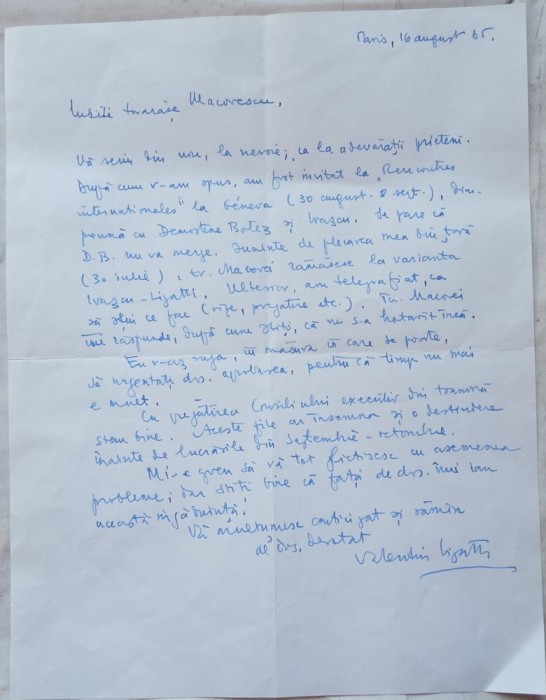 Scrisoare a diplomatului, profesorului si scriitorului Valentin Lipatti catre macovescu, 1965