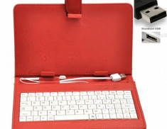 Husa tableta cu tastatura cu mufa USB reglabila de 7 inch culoare ROSU din piele ecologica compatibil Android si Windows - COD 06 - foto