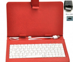 Husa tableta cu tastatura cu mufa MICRO USB reglabila de 7 inch culoare ROSU din piele ecologica compatibil Android si Windows - COD 04 - foto