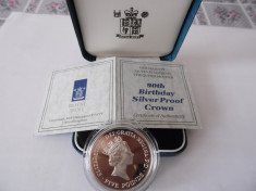 Moneda de Argint - 925/1000 - Comemorare THE QUEEN MOTHERS 90th BIRTHDAY - 5 Pounds -1 Ounce - Calitate Proof - LICITATIE - foto