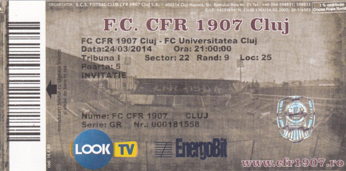 Bilet / Invitatie Fotbal meci CFR 1907 CLUJ - FC UNIVERSITATEA CLUJ neindoite 24.04.2014