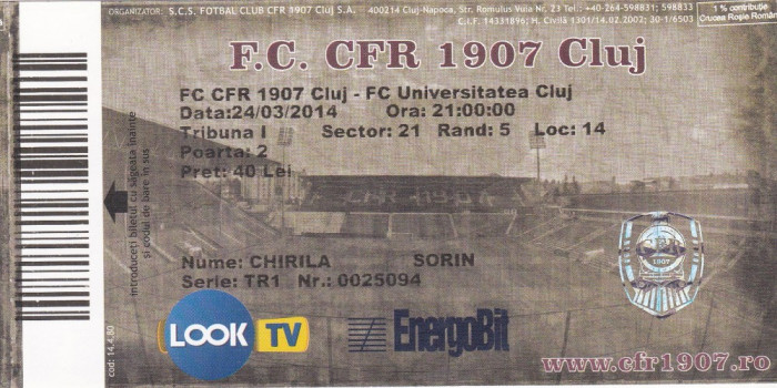 Bilet Fotbal meci CFR 1907 CLUJ - FC UNIVERSITATEA CLUJ neindoite 24.04.2014