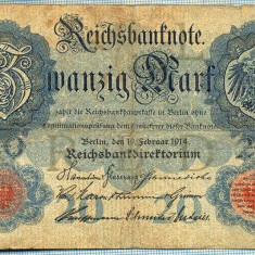 384 BANCNOTA - GERMANIA - 20 MARK - anul 1914 -SERIA 1356180 -starea care se vede