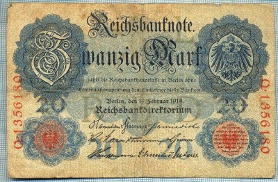 384 BANCNOTA - GERMANIA - 20 MARK - anul 1914 -SERIA 1356180 -starea care se vede foto