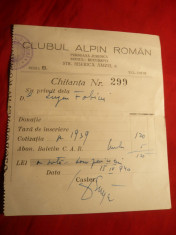 Chitanta Clubul Alpin Roman ,timbru Fiscal si T.Aviatiei 2 lei , 1940 foto