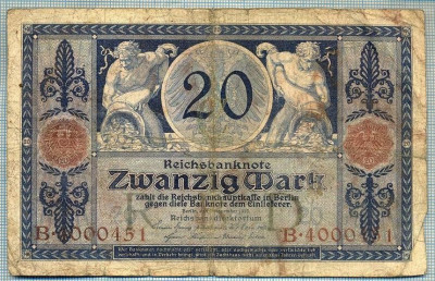 346 BANCNOTA - GERMANIA - 20 MARK - anul 1915 -SERIA 4000451 -starea care se vede foto