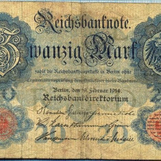 383 BANCNOTA - GERMANIA - 20 MARK - anul 1914 -SERIA 9874425 -starea care se vede