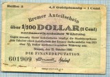 441 BANCNOTA (NOTGELD ?) - GERMANIA - 1/100 DOLLAR(1CENT)-(4,2 GOLDPFENNIG = 1 CENT) - anul 1923 -SERIA 601909 -starea care se vede