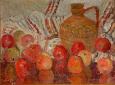Traian Goga ( 1917 - 1989); Natura statica cu mere - 1970, ulei pe panza lipita pe carton ; Lucrarea este restaurata recent si arata foarte bine ! foto