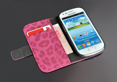 Husa / toc protectie piele Samsung Galaxy S3 mini / i8190 , flip cover portofel, model leopard, culoare - roz - LIVRARE GRATUITA la plata cu cardul foto