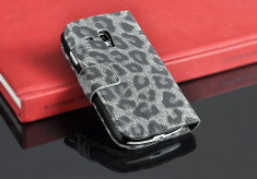 Husa / toc protectie piele Samsung Galaxy S3 mini / i8190 , flip cover portofel, model leopard, culoare - gri - LIVRARE GRATUITA la plata cu cardul foto