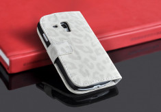 Husa / toc protectie piele Samsung Galaxy S3 mini / i8190 , flip cover portofel, model leopard, culoare - alb - LIVRARE GRATUITA la plata cu cardul foto