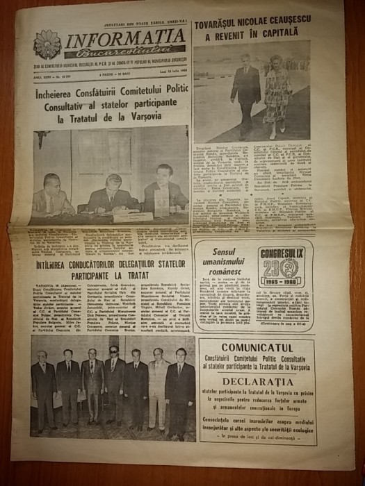 ziarul informatia bucurestiului 18 iulie 1988-ceausescu in vizita la varsovia