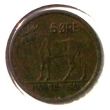 G4. NORVEGIA 5 ORE 1961, 8 g., Bronze, 27 mm Olav V - ELAN **