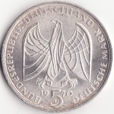 Moneda - Republica Federala Germania - 5 Deutsche Mark 1970 - 200 ani de la nasterea lui Ludwig van Beethoven - F - Argint foto