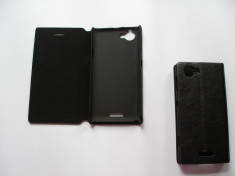 HUSA XPERIA L S36H C2104 C2105 SONY MODEL CARTE MAPA NEAGRA TOC DIN PIELE PREMIUM FLIP COVER POATE STA IN POZITIE ORIZONTALA foto