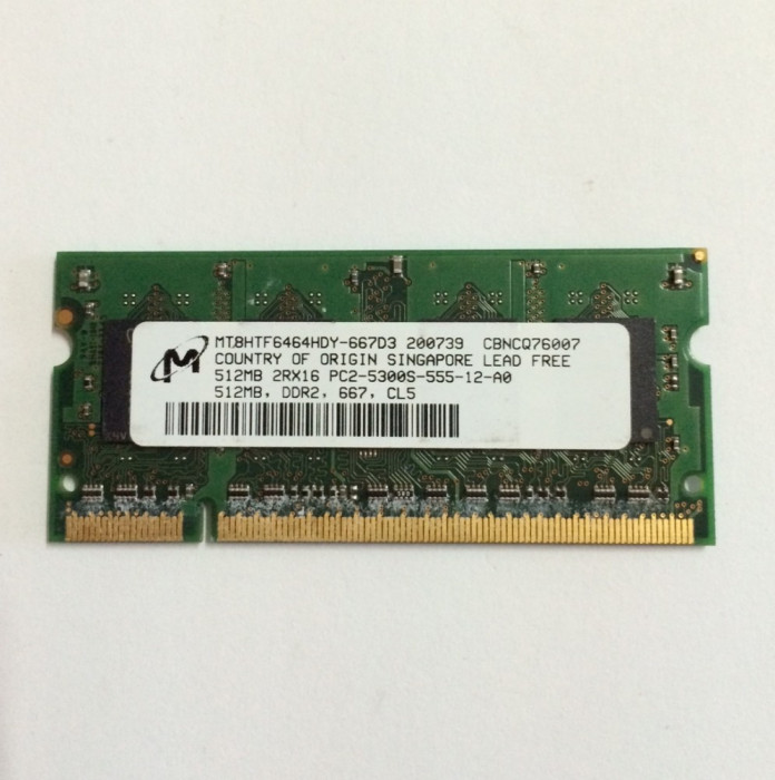 Memorie laptop 512MB CL5 DDR2-667 SODIMM, Micron, MT8HTF6464HDY-667D3 (1104)