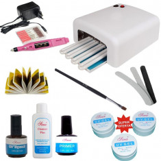 Kit unghii false cu gel,set unghii cu gel include lampa uv 36W+freza electrica profesionala+3geluri sina +pensule+pile+primer+finish topcoat foto