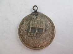 #107 1 Korona Ungaria 1915 , moneda de argint , agatatoare , veche. Pandativ vechi provenit dintr-o salba , ( Corona Coroana ) foto
