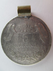 #83 5 Korona Ungaria 1900, moneda argint cu agatatoare , mare , veche. Pandativ vechi provenit dintr-o salba ( corona , coroane ) foto