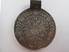 #103 5 Corona Austria 1900 , moneda mare argint cu agatatoare , veche. Pandativ vechi provenit dintr-o salba ( KORONA COROANE ) foto