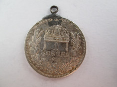 #96 1 Korona Ungaria 1915 , moneda de argint , agatatoare , veche. Pandativ vechi provenit dintr-o salba , (Corona Coroana ) foto