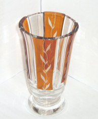 Vaza Art Deco 1930 cristal Bohemia, taiat si gravat, amber overlay, hand made foto