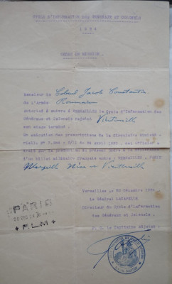 Ordin de misiune , Document militar francez , Versailles , 1924 , semnat general foto