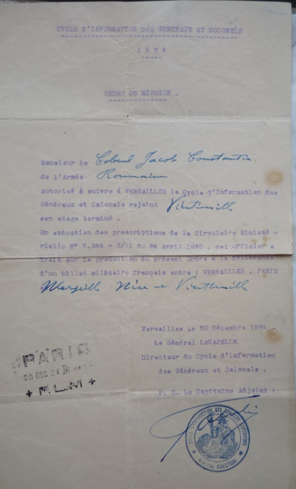 Ordin de misiune , Document militar francez , Versailles , 1924 , semnat general