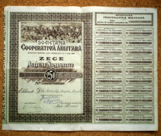 01. ROMANIA SOCIETATEA COOPERATIVA MILITARA 10 ACTIUNI NOMINATIVE 250 LEI 1923 foto