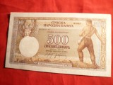 Bancnota 500 Dinari 1942 ,filigr.Rege Alexandru ,revers Eroare de imprimare ,Iugoslavia