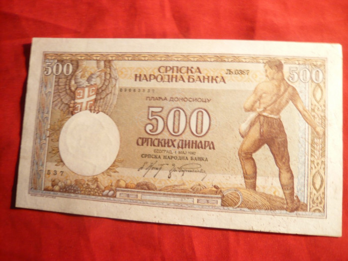 Bancnota 500 Dinari 1942 ,filigr.Rege Alexandru ,revers Eroare de imprimare ,Iugoslavia