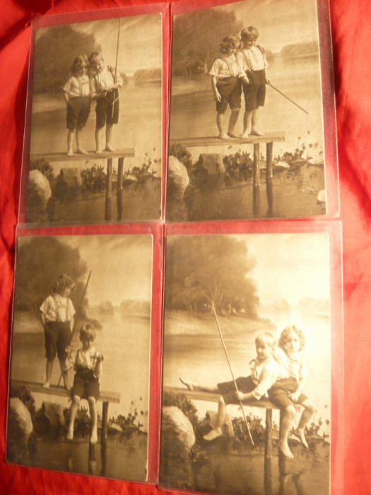 Set 4 Ilustrate- La Pescuit , circulate 1913