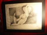 Tablou in creion - NUD , semnat Lintig &#039; 97 , dim .37x26.6 cm