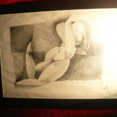 Tablou in creion - NUD , semnat Lintig ' 97 , dim .37x26.6 cm