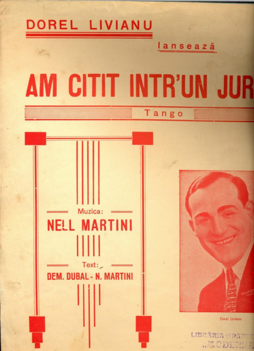 275 PARTITURA antebelica- Am citit intr-un jurnal - tango -lansat de Dorel Vianu -muzica Nell Martini, text Dem.Dubal-N.Martini-starea care se vede