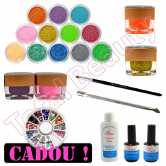 Kit Nail-Art cu Geluri UV colorate si cu sclipici, lichide adjuvante, pensula foto