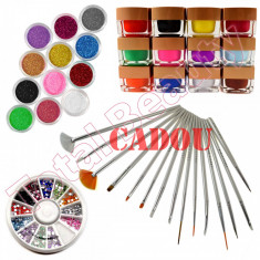 Kit Nail-Art decoratiuni unghii cu Gel UV colorat si sclipici + CADOU 15 Pensule foto