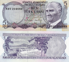 TURCIA 5 lira 1970 (1976) UNC!!! foto