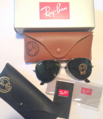 Ochelari de Soare RayBan RB 3025 Ray Ban AVIATOR LENTILA STICLA SILVER BLACK GREEN RAMA ARGINTIE !!! TOC MARO / NEGRU, SET COMPLET, LENTILE STICLA ! foto